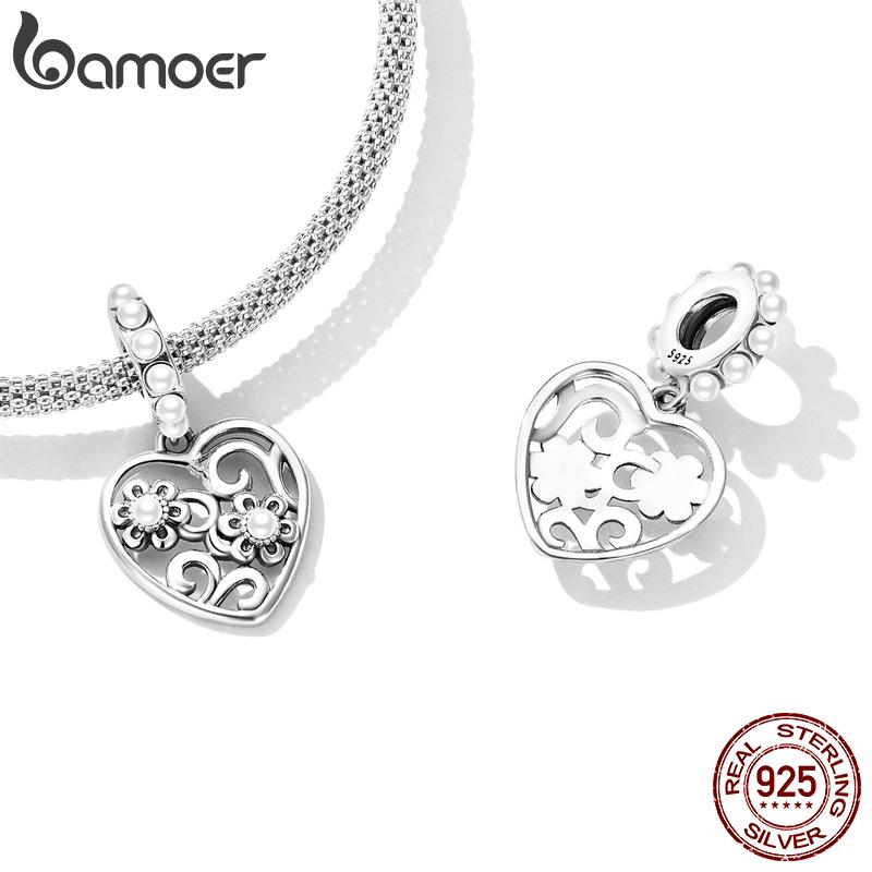 

Винтажная подвеска BAMOER из стерлингового серебра 925 пробы с сердцем и цветком, подходит для браслета и браслета «сделай сам», нежные подвески в виде ракушек, ювелирные изделия 925 silver