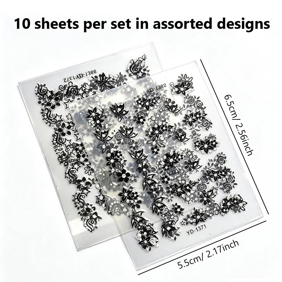 10 Sheets 3D Nail Stickers Set, Self-Adhesive Nail Decals Black White Colorful Nail Art Decorations DIY Manicure Accessories