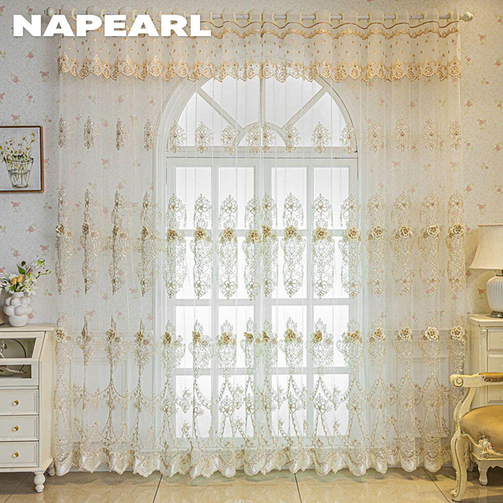 1 ks NAPEARL Luxusný priehľadný tyl s trojrozmernou výšivkou v európskom štýle pre dekoráciu okien obývacej izby, spálne, bytový dekor
