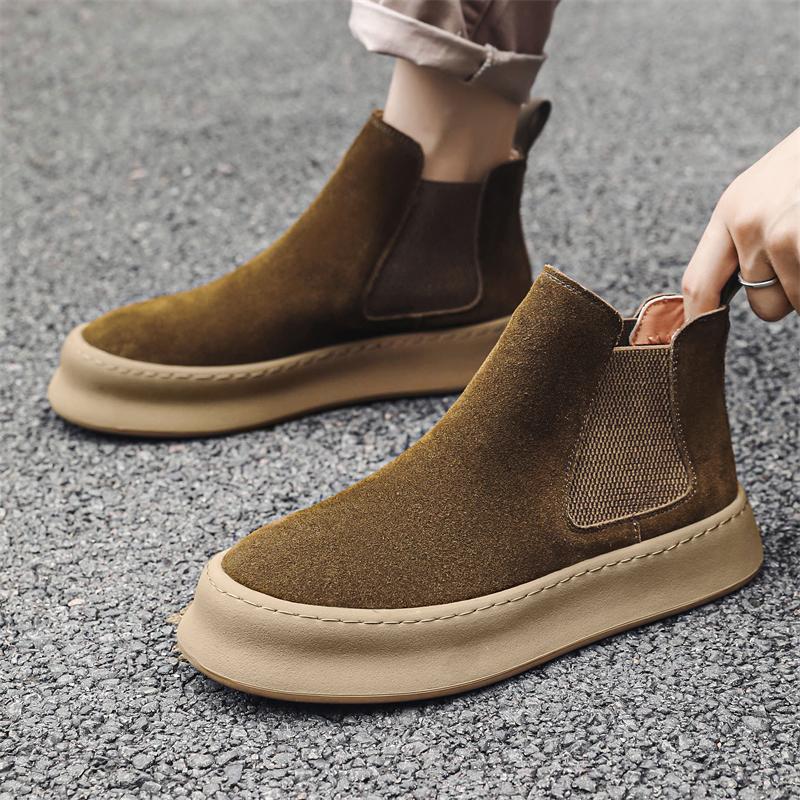 Genuine Leather Mens Chelsea Boots Slip On Suede Casual Footwear All-match High Quality Ankle Boots Vintage Style Business Botas