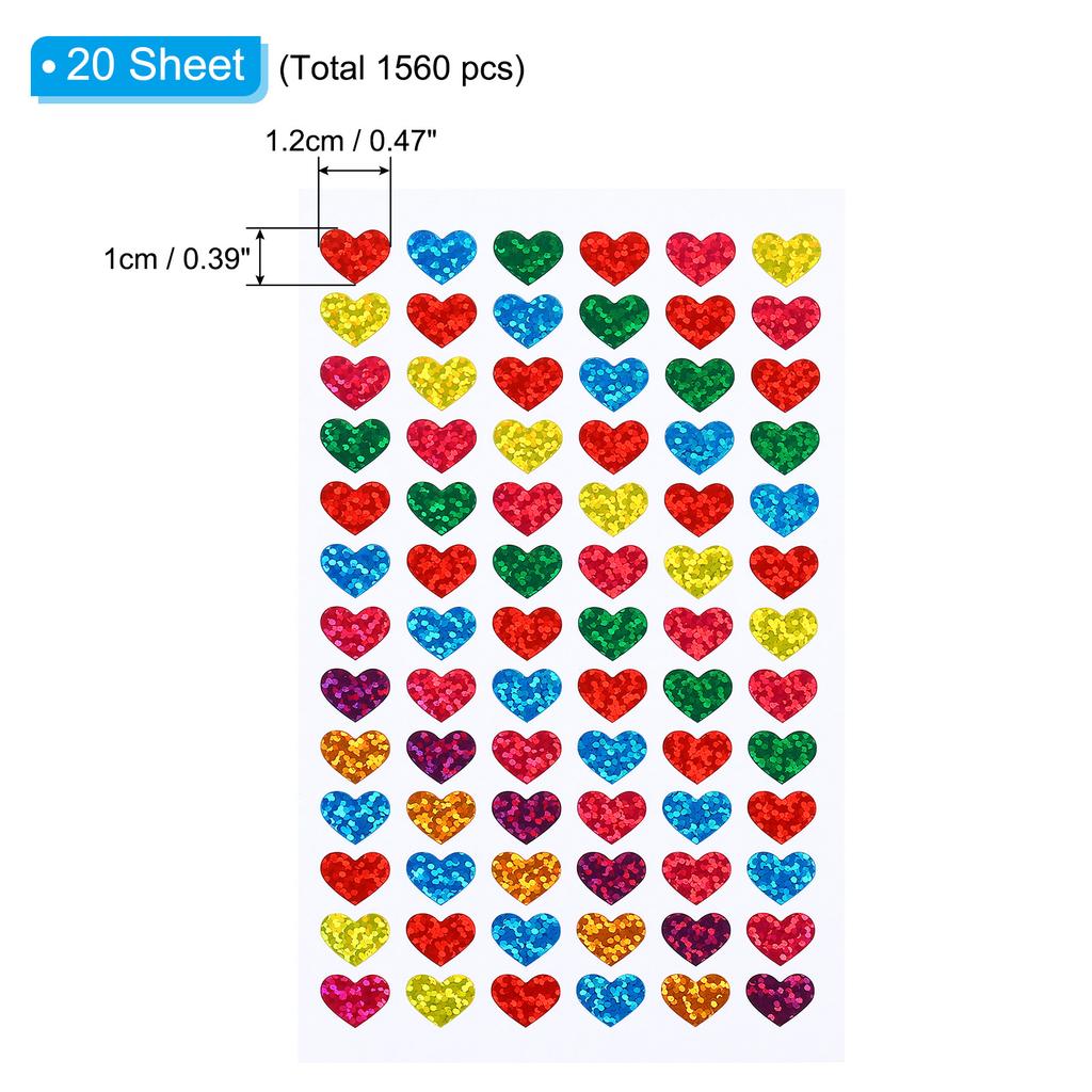 20/60Sheets Heart Reward Stickers Sparkling Self Adhesive Colorful Sticker Heart Love Sticker Labels for Office Classroom Party