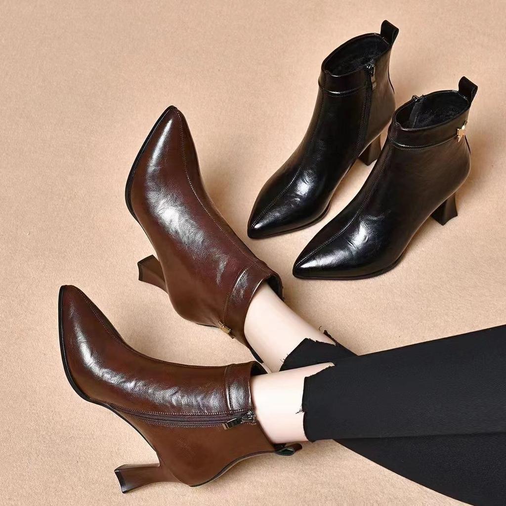 Fashion Woman Short Shoes Pointed Toe Fur Black Leather Ankle Boots for Women Fashion 2025 Pu Boot Autumn Large Size Warm Goth Booties