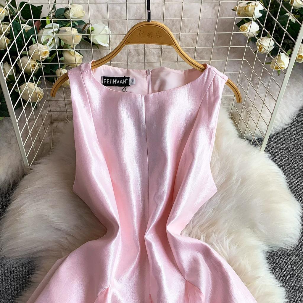 Summer New Sleeveless White Spliced Tulle Satin Maxi Dress Women‘s O Neck Slim Waist Ruched A Line Formal Wedding Evening Party Dress