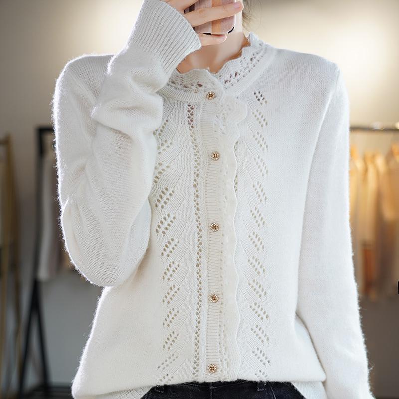Women's Hollow Lace Wool Cardigan - Half-High Neck, Long Sleeve, Thick Autumn/Winter Style, Versatile, Fashionable Top