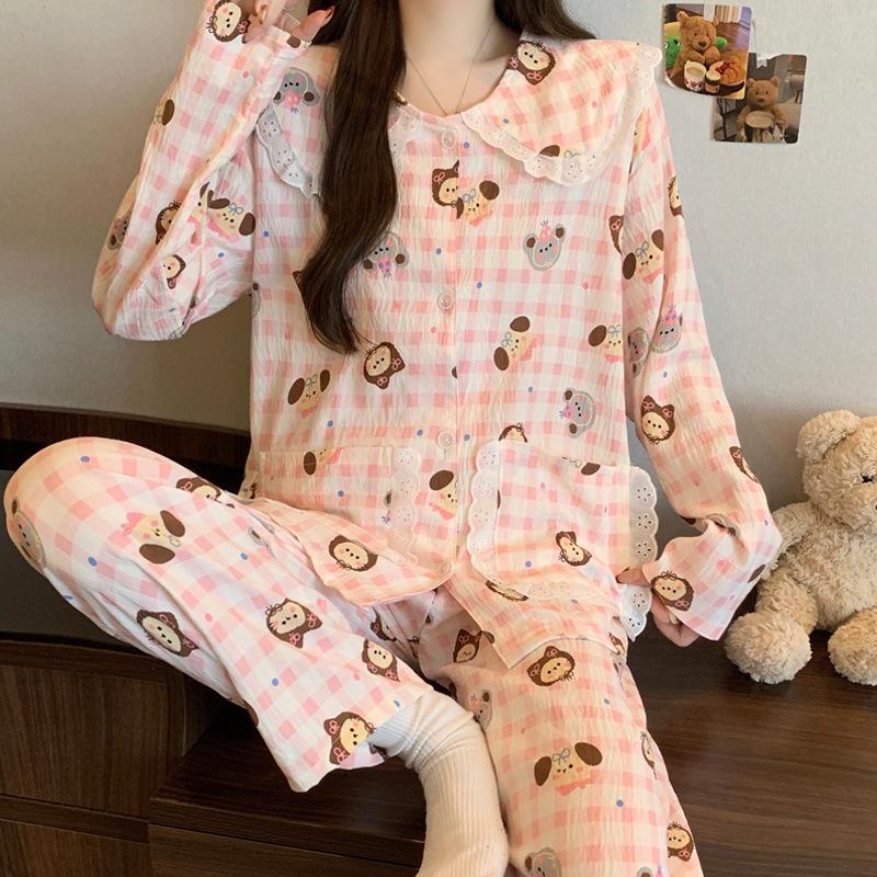 Cartoon Lace Doll Collar Cloud Cotton Long-Sleeved Pajamas Women'S Spring And Autumn Winter Sweet Wind Loungewear