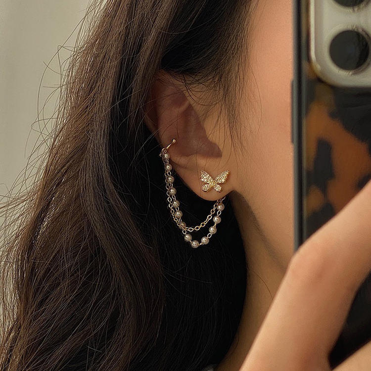 Boucles d'oreilles papillon élégantes et mignonnes en strass coréen pour femmes filles mode chaîne en métal zircon cadeaux