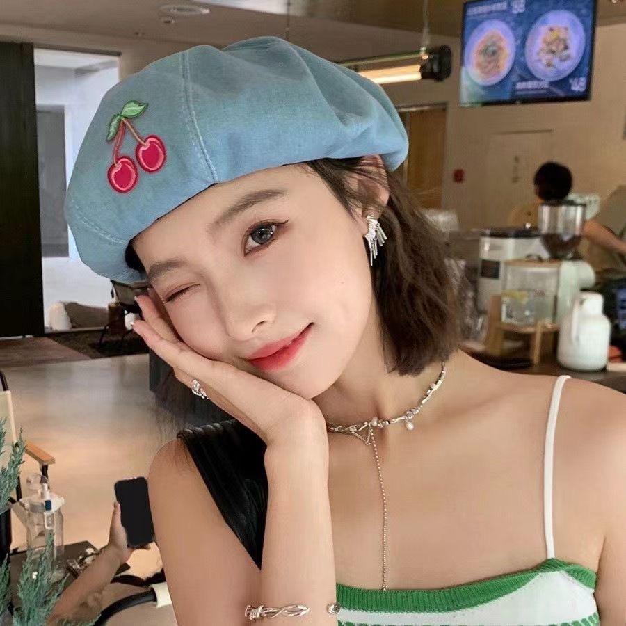 Sweet and Cute Cherry Denim Beret Women Travel In Spring, Summer and Autumn, Simple and Versatile, Showing Their Face, Small Internet Celebrity Hat F