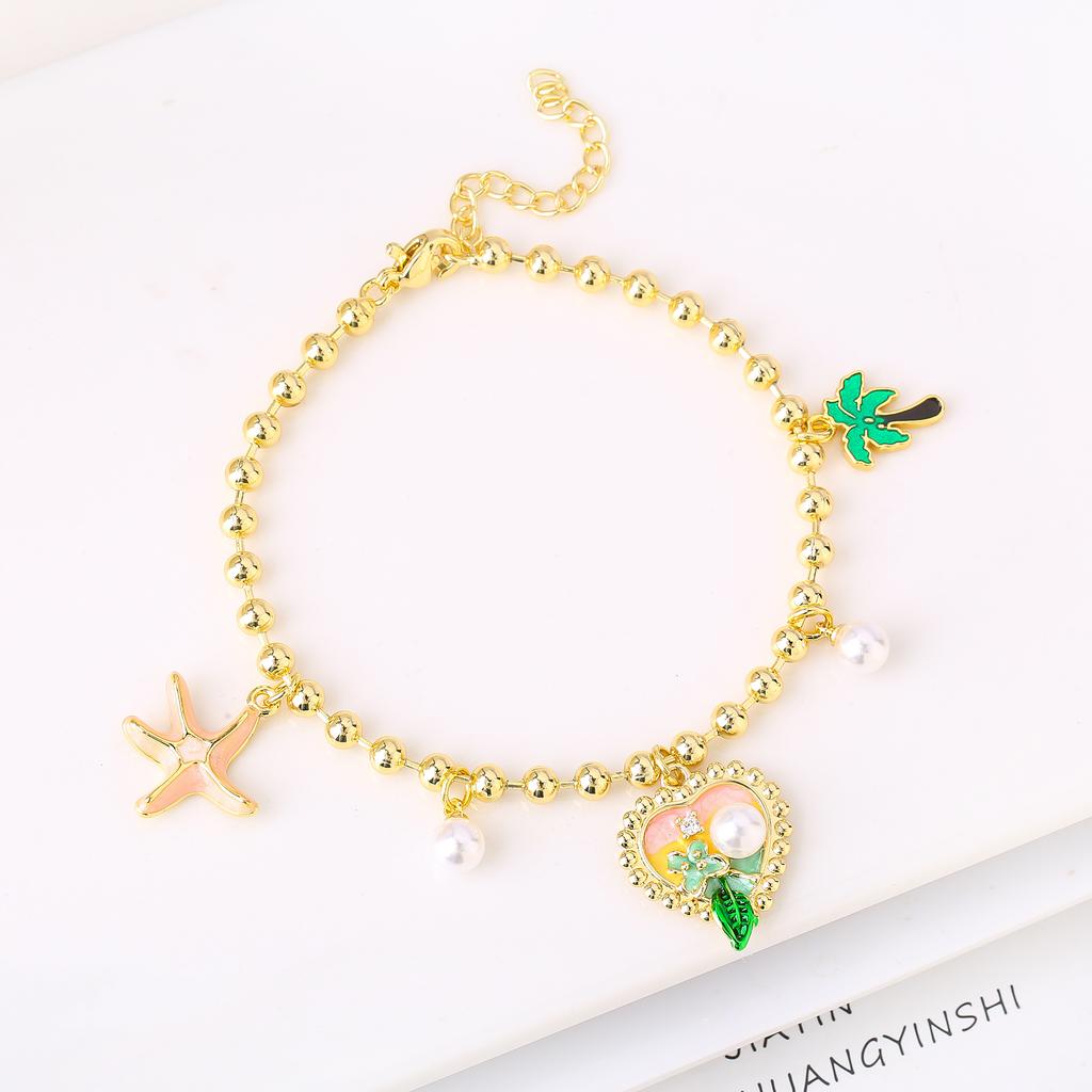 Gold-Plated Starfish Coconut Tree Flower Copper Bead Chain Bracelet Fashion for Women Girls Party Vacation Beach Jewelry Gift