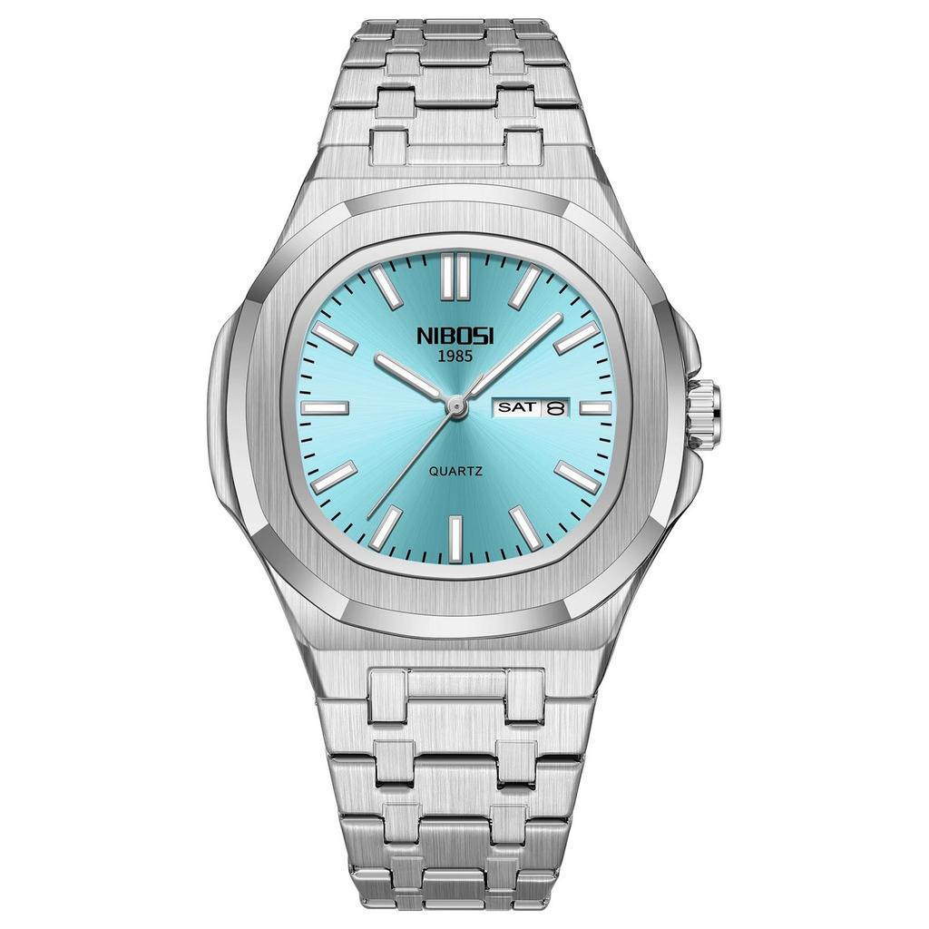 Waterproof Mens Square Quartz Watch Luminous Day Date Display Steel Strap Classic Casual Daily Wristwatch