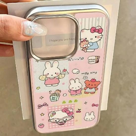 Electroplated Silver Frame Hello Kitty & Miffy Rabbit Case for Apple 17 Pro Max 16 Transparent 15 Simple 14/13 Pro