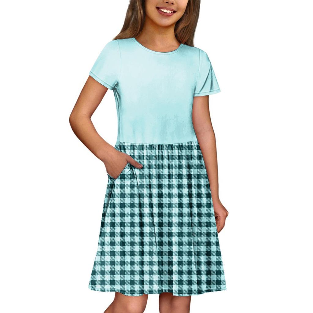 Mädchen Sommerkleid Farbe & Muster Ärmelloses Kleid Mit Tasche Freizeitkleid Kurzer Ärmel Partykleid