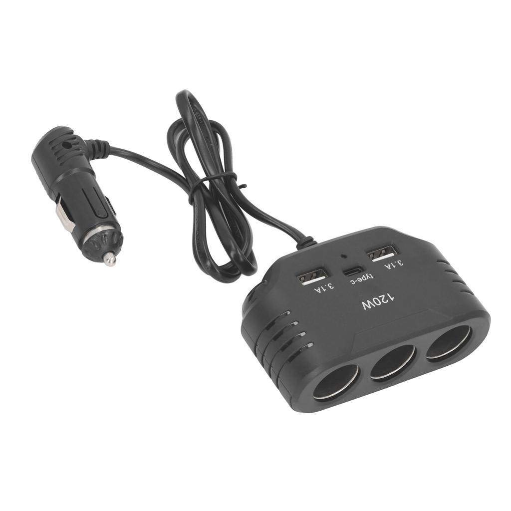 Car Cigarette Lighter 3 Socket Prevent Short Circuit Car Charger Power Converter with USB Type C