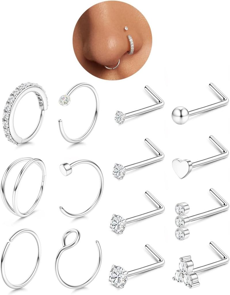 Bobisty 20G Nose Ring Thin Hypoallergenic Surgical Steel L-Shape Nose Stud Set Cubic Zirconia Nose Piercing Jewelry for Women