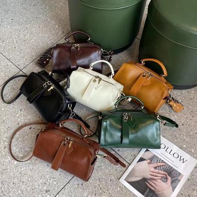 Single Shoulder Crossbody Boston Pillow Bag, New Genuine Leather, Pure Cowhide, Large Capacity Handheld Small Square Bag, Versatile for Women