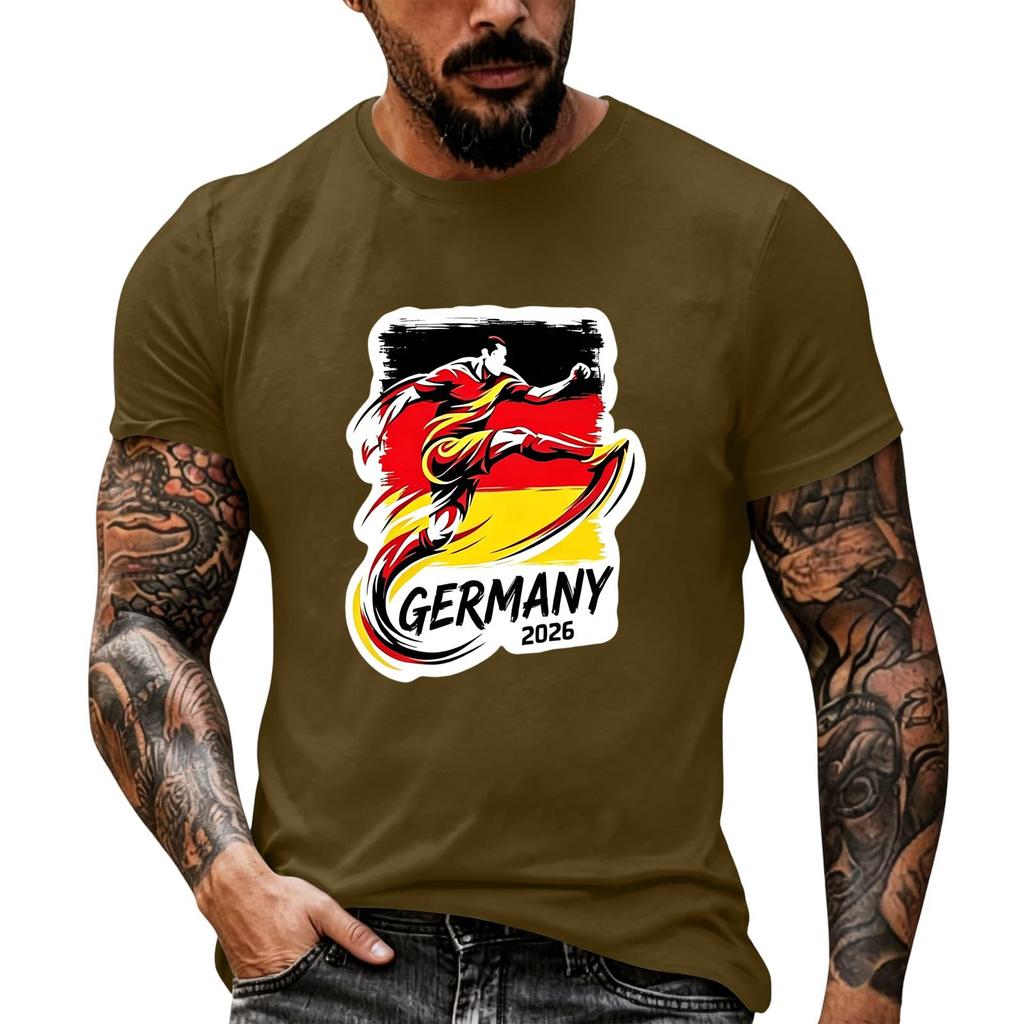 Short Sleeve Casual T Shirt with Graphic Print Soccer Player Illustration and Text Germany 2026 Soft Comfortable Fit for Everyday Wear