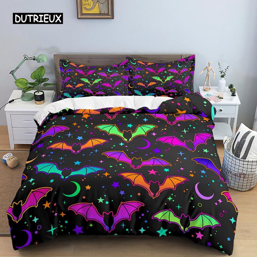 Neonfarbenes Bettbezug-Set King Regenbogen-Farbverlauf Kürbis Bettwäsche-Set Mikrofaser Steppdeckenbezug Halloween-Thema Einzelner Bettdeckenbezug