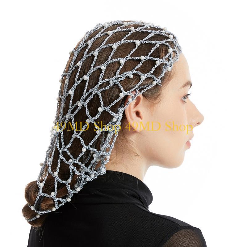 49MD Elegant Handmade Crochet Snood Hair Net Turban Hat for Women with Pearls Bead Decoration Great for Weddings and Parties