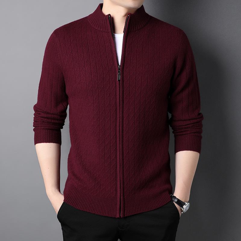 100 Pure Wool Cardigan Men's Half Turtleneck Top Middle-aged Spring and Autumn Full Wool Knitted Jacket High-end Sense