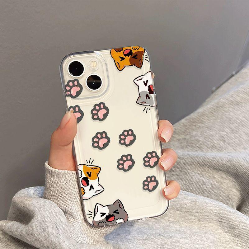 Cartoon Cats and Paw Prints Pattern Phone Case for iPhone 17 16 15 14 13 12 11 16E Series Pro Max Plus Double Layer Protection
