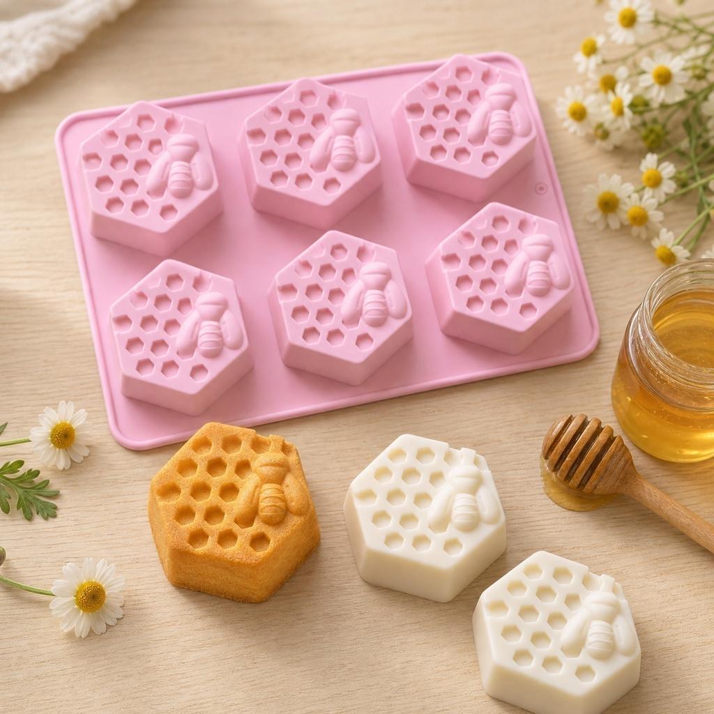 Silicone Mold Honeycomb Bee Shape 6 Cavities Soap Mold Chocolate Mold Baking Mold Candy Mold Ice Cube Mold Flexible Non-Stick Mold