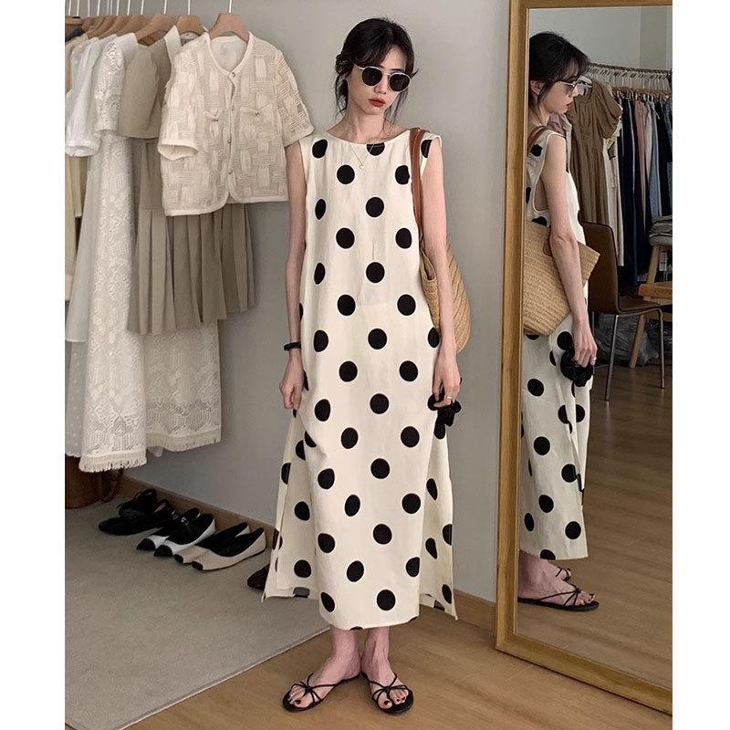 

Korean Chic Summer Retro Polka Dot Sleeveless Tank Dress for Women M Premium