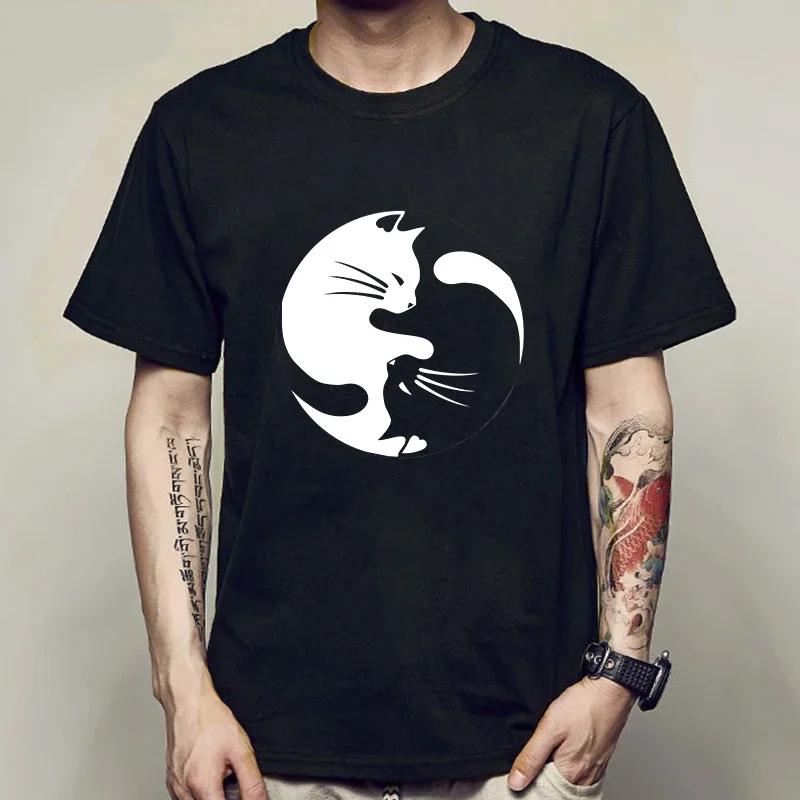 Yin Yang Cats Tshirt Men Vintage T-shirts Japanese Anime Manga Harajuku Fashion O-Neck Streetwear Casual Tops Summer Mens Tshirt