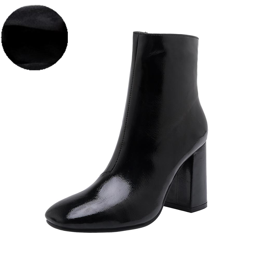 Fashion Shoes Women Ankle Boots Patent Leather Plus Size 33-45 Chelsea Boots Square Toe Side Zipper Autumn Winter Shoes Women Beige Blac