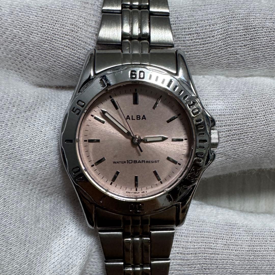 Used SEIKO ALBA Quartz Working Battery Replaced Silver Pink Dial Watch