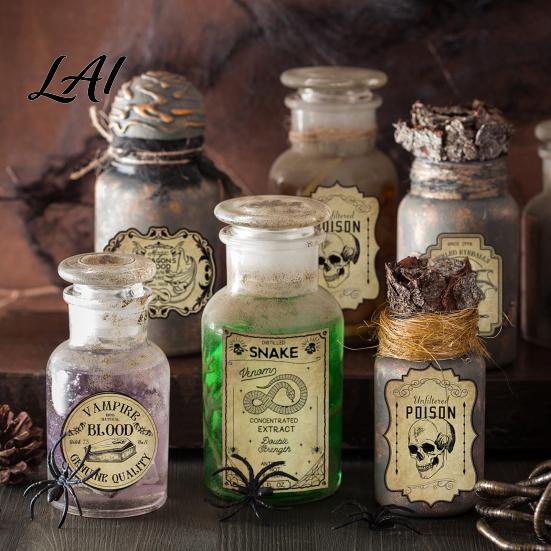 Self Adhesive Bottle Decals 12Pcs Halloween Wine Labels Vintage Retro Stickers with Witch Skull Nostalgic Paper Wraps Bat Pumpkin Design