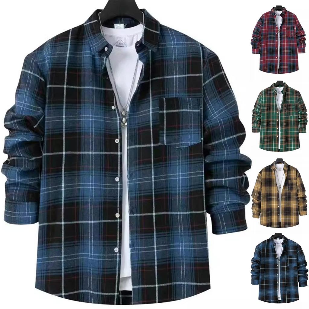 Cardigan Cămașă Casual pentru Bărbați cu Mânecă Lungă și Buzunar, cu Carouri Pinstripe din Lână Măcinată