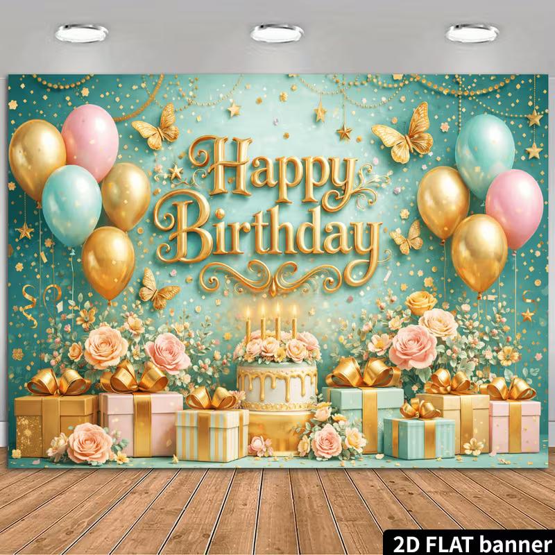 2D Teal Gold Birthday Backdrop Pink Rose Flower Butterfly Photo Background