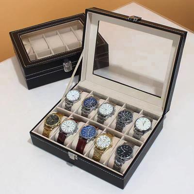 Elegante Uhrenbox mit 10 Fächern, Glas-Pu-Leder-Organizer, Aufbewahrung für Damen und Herren, Schmuckschatulle