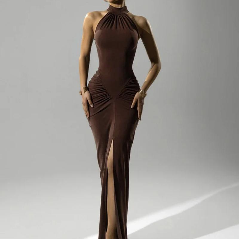 Halter Ruched Sleeveless Sexy Maxi Dress Women Gown Fashion Slim High Waist Evening Club Party Split Long Dress