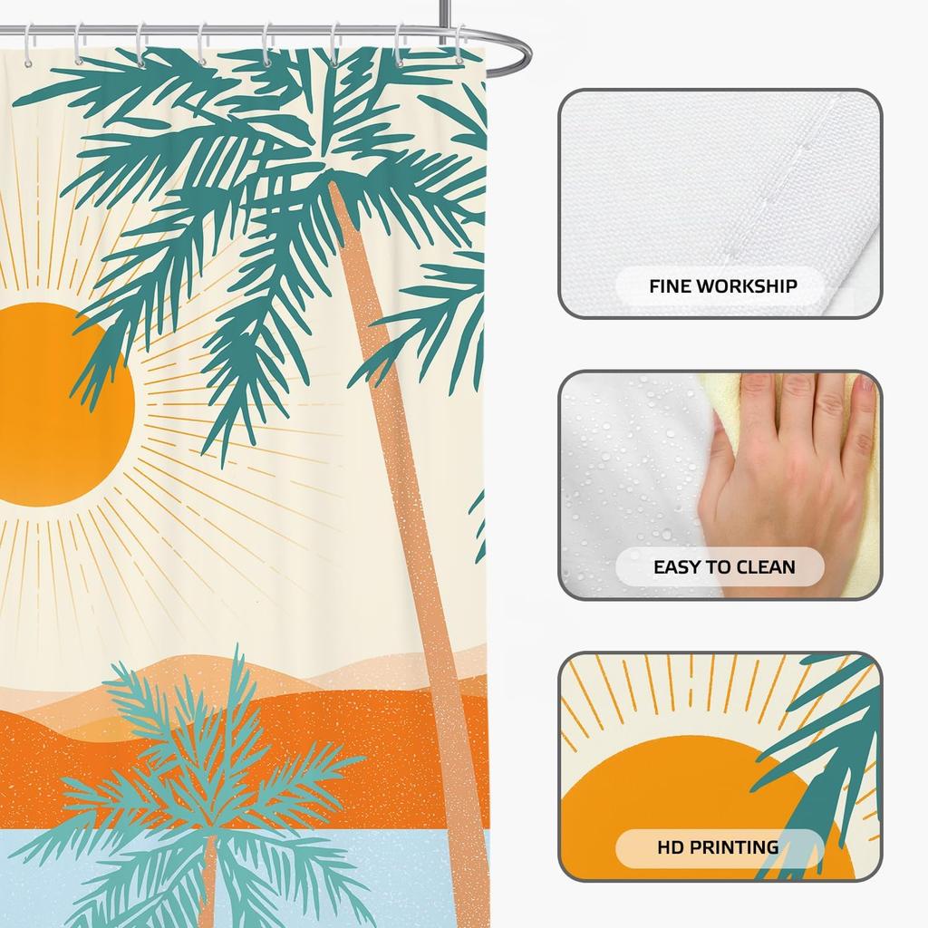 Tropical Palm Trees And Sunset Pattern Waterproof Shower Curtain 180X200Cm - Beach Style Print Bath Curtain For Home Decor