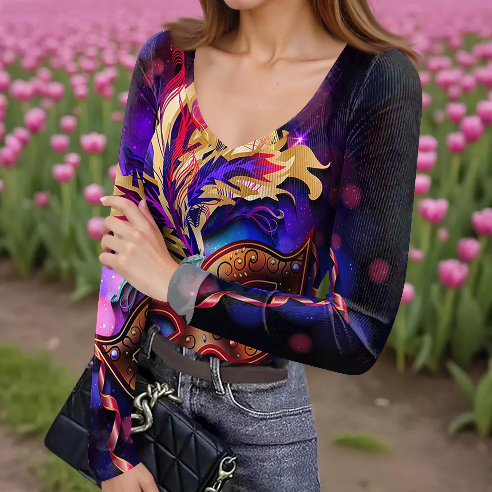 

Женская зимняя приталенная футболка-базовый слой, модный принт, V-образный вырез, пуловер, топ с длинным рукавом XXL