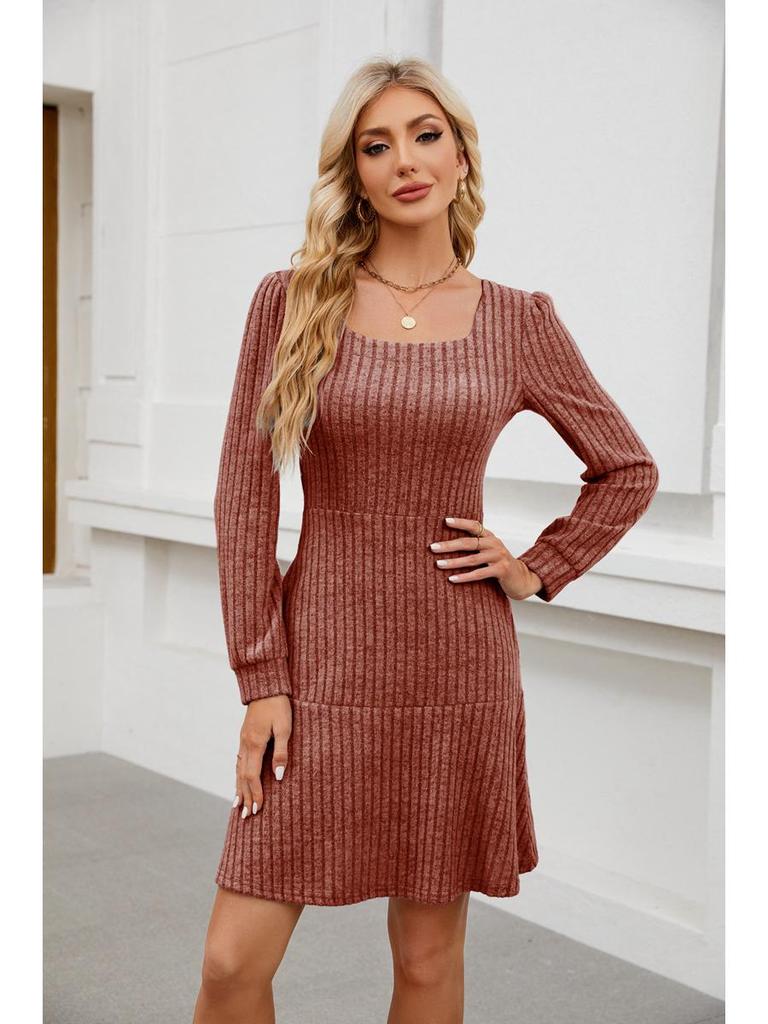 2026 Trendy Women's Square Neck Lantern Sleeve Babydoll Dress with Pockets