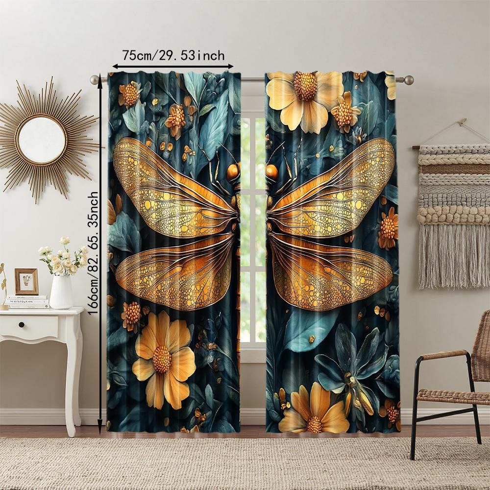 Versatile Polyester Transparent Curtains Home Decoration Dragonfly Use Bedrooms Living Rooms Set Of 2 Made Great Room Decor