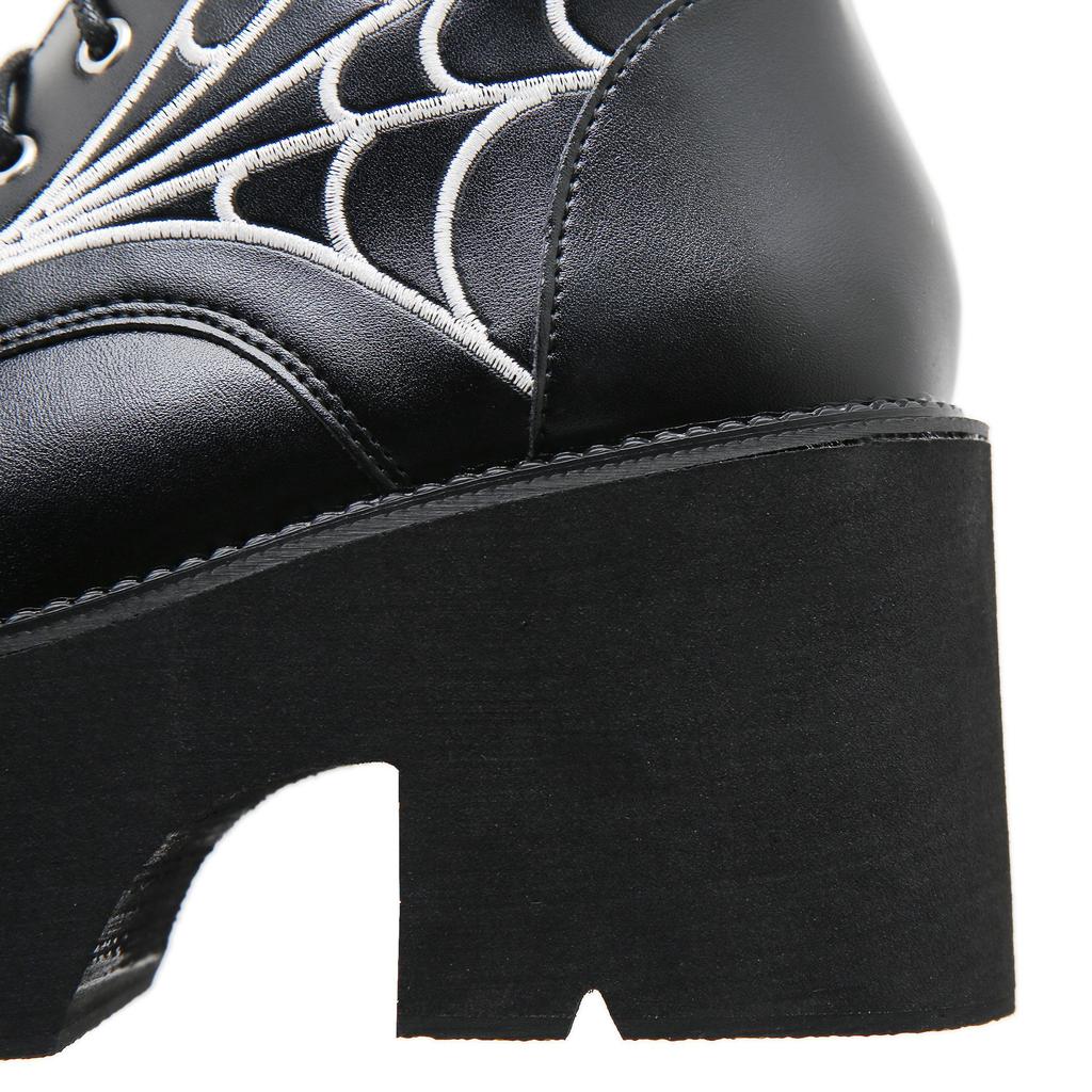 Gdgydh Women Punk Boots PU Leather Embroidered Spider Web Design Shoes Cool Retro Chunky Wedges Platform Boots Lace Up