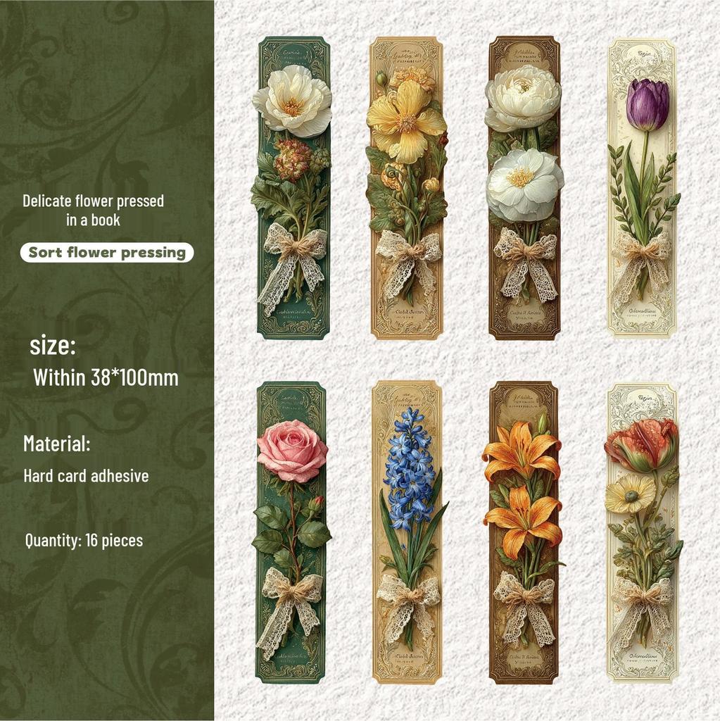 RetroStory Floral Bookmark Stickers - 16 Sheets for Personal Decoration & Planners