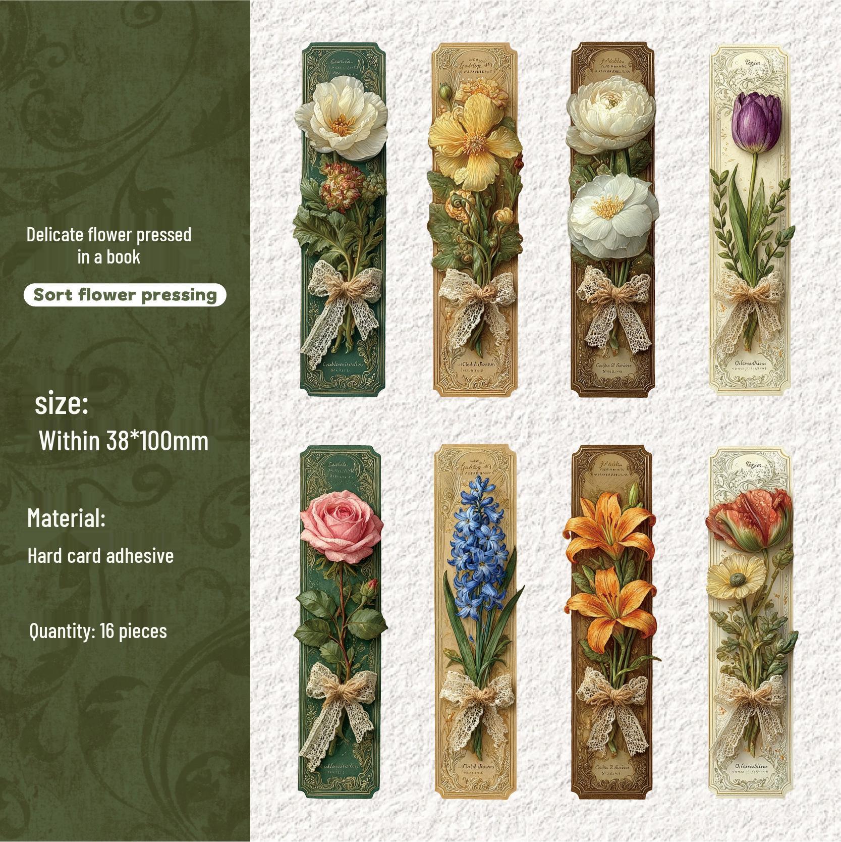 RetroStory Floral Bookmark Stickers - 16 Sheets for Personal Decoration & Planners