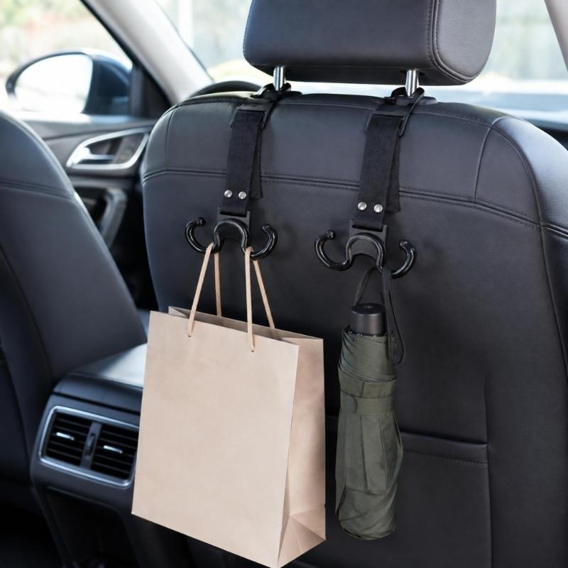 Variable-Length Car Back Hangers with 360-Degree Rotation, 2Pcs Black Bag Holders with Four Hanging Spots for Vehicles with Separate Headrest Posts