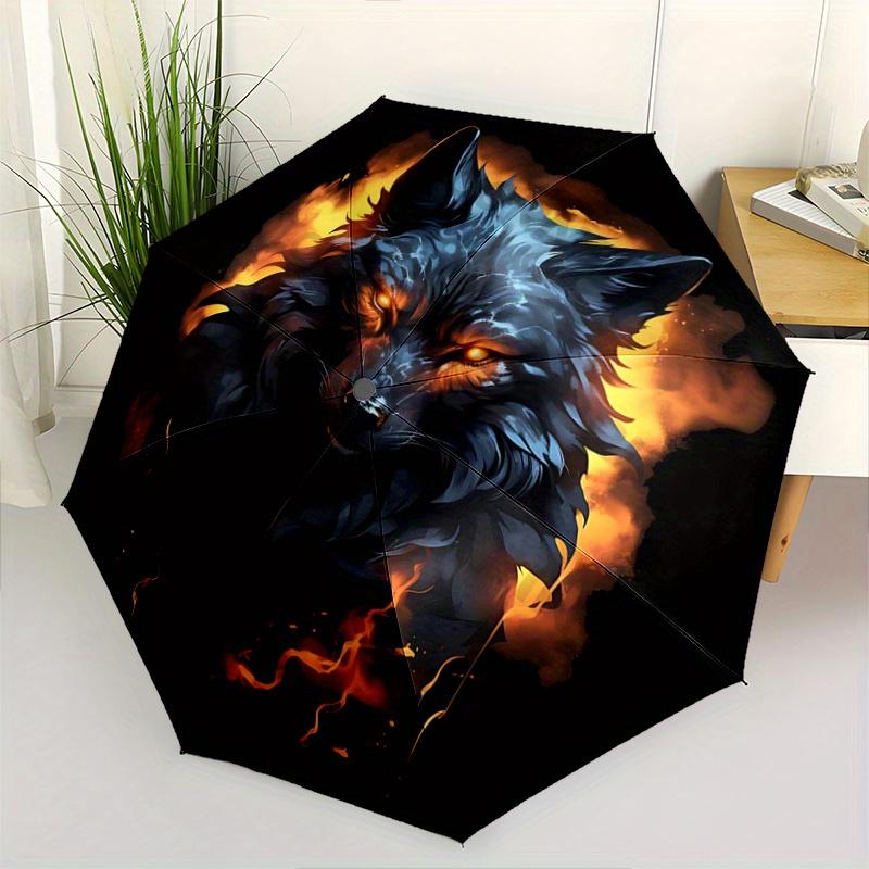 1pc Flaming Wolf Durable Cartoon Folding Umbrella, Portable Compact Umbrella for Men and Women R092