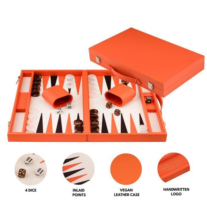 Backgammon de Luxe - ENGELHART - Prestige Kunstleder Orange & Braun - 18" Großformat - Harter Koffer - Marmorierte Figuren