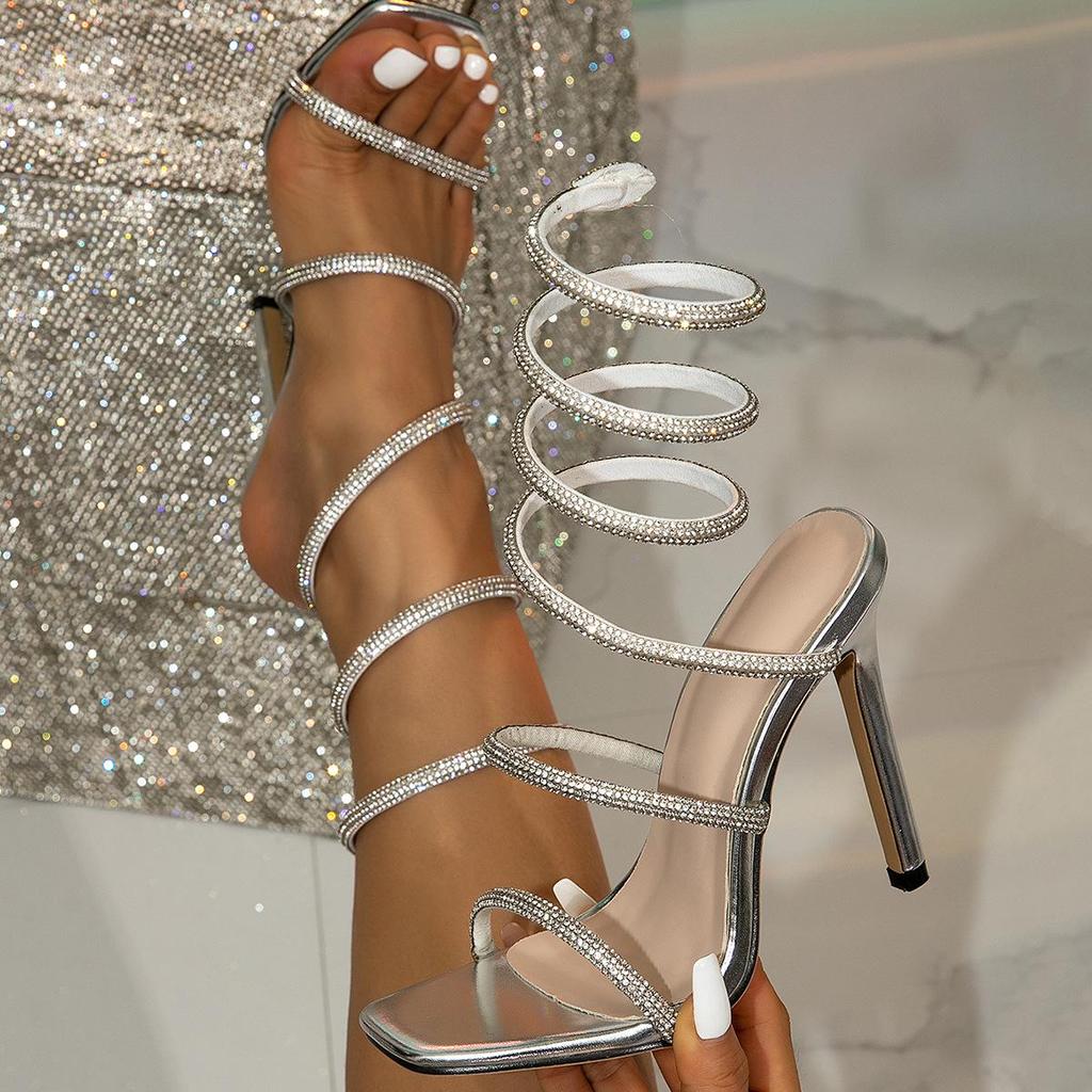 2025 French Snake Wrap Rhinestone Stiletto Heels - Open Toe Summer Fashion for Women
