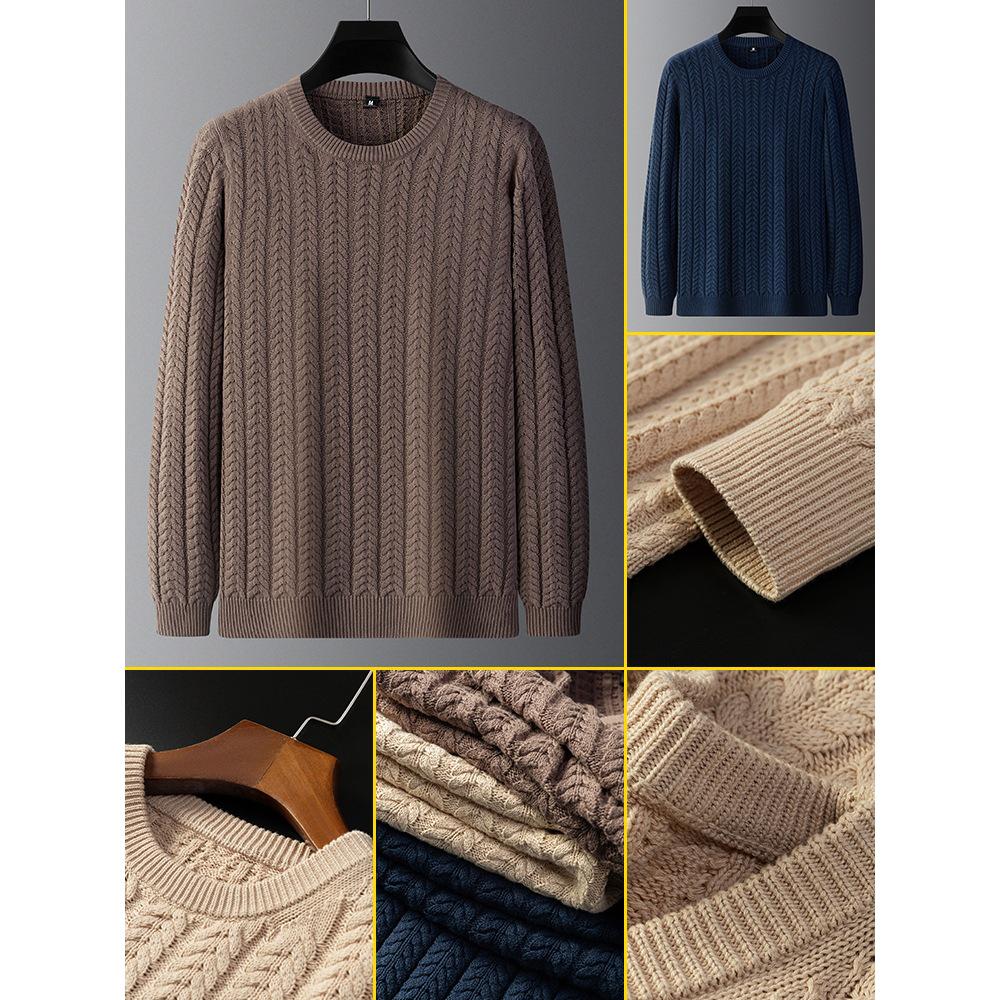 Men's Luxury All-Cotton Knitted Pullover - Thick, Solid Color, Velvet-Lined Cable Knit for Autumn and Winter