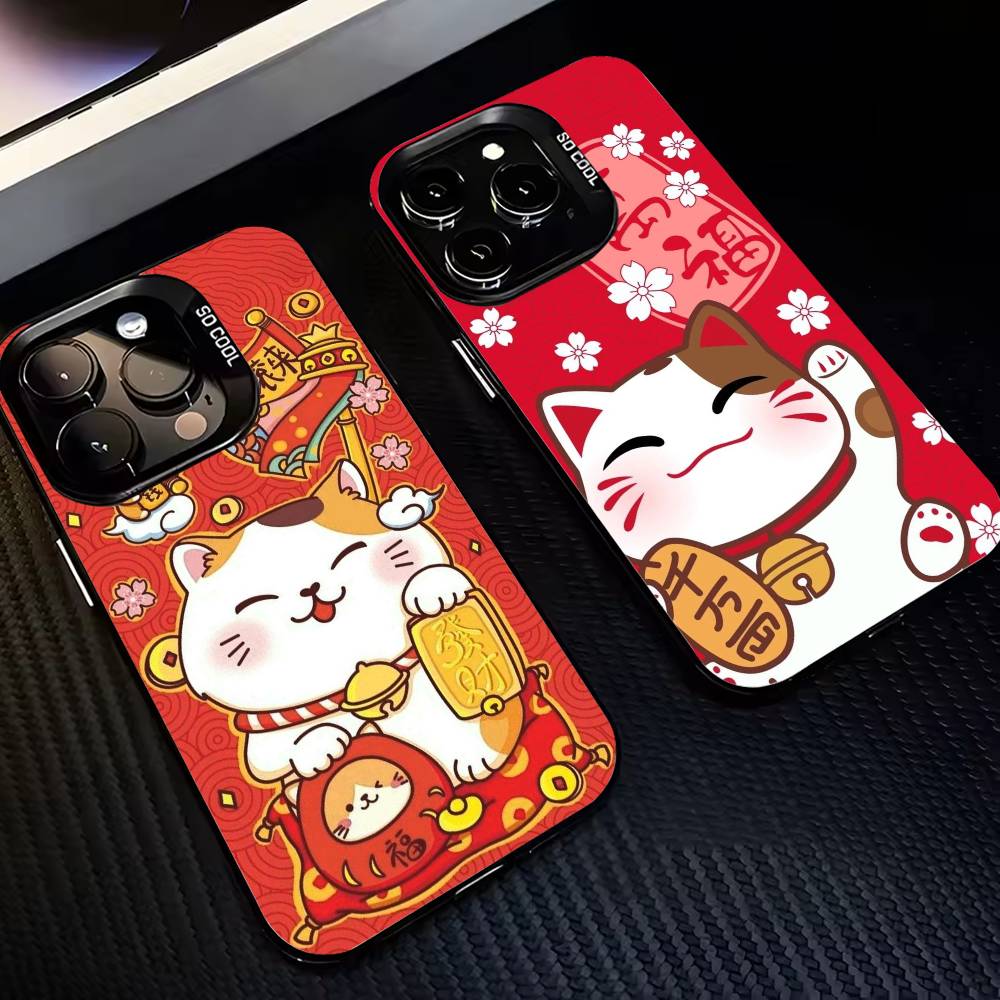 Lucky Money Cat M-Maneki N-Neko Phone Case For iPhone17 16 15 14 13 12 Pro Max Grey Black Matte Laser Metallic Aurora Funda