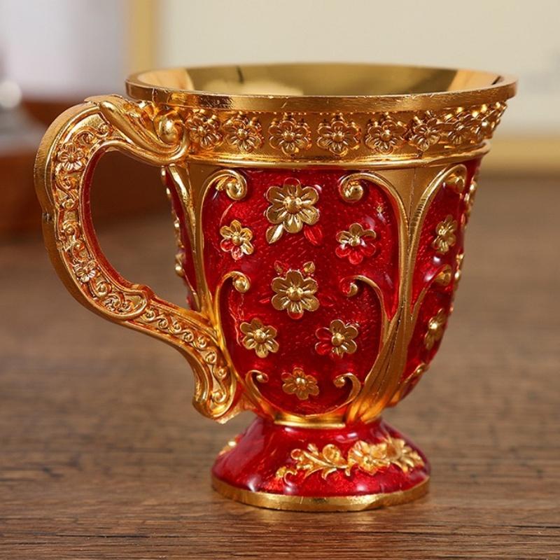 European Light Luxury Handle Cup, Alloy Relief Mini Vodka Glass, Portable Vintage Goblet, Creative Home Table Decoration, 1pcs