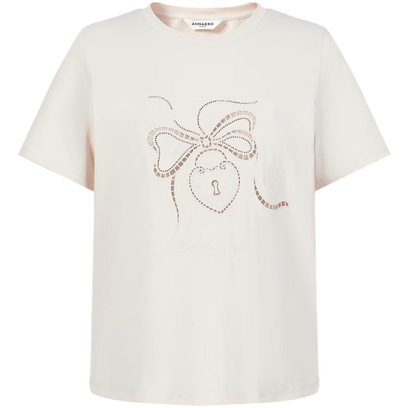 ANNA KUO Women s Rhinestone Bowknot Hollow-Out T-Shirt M