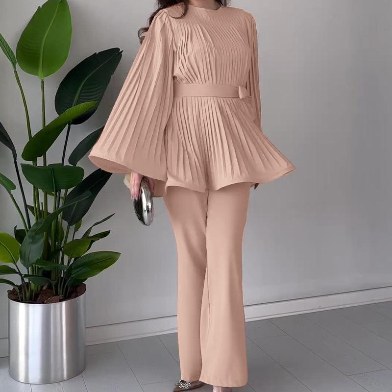 

ZANZEA Женская плиссированная блузка с длинным рукавом и брюки повседневный комплект из двух частей L телесный