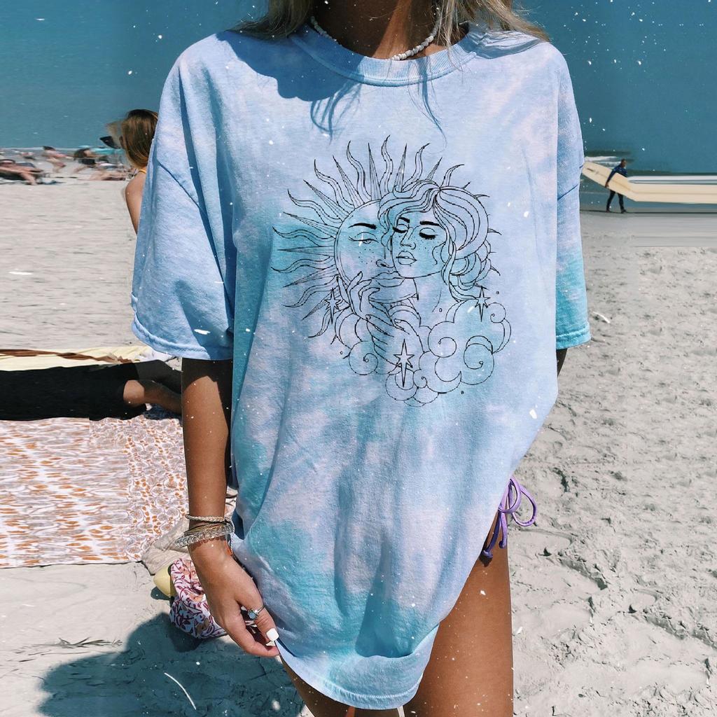 Women's Vintage Sun And Moon Printed Tie-dye Casual Short Sleeve Tops Blouse